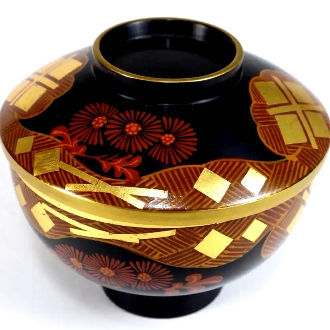 南部漆器 老舗光原社 秀衡塗 木製 金箔色漆　菱に梅文様　蓋碗十客　茶道具