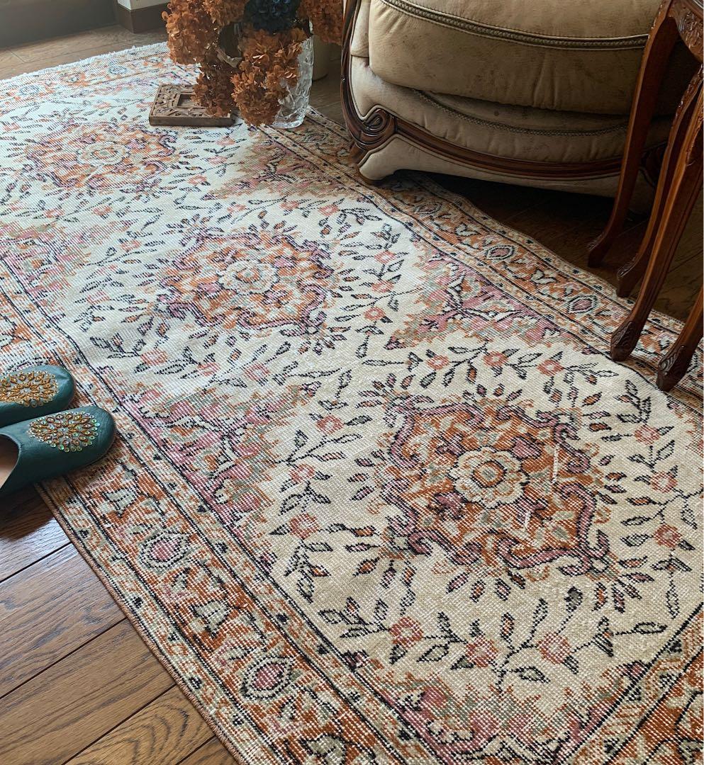 ペールオレンジ200×97 フラワーメダリオン　トルコヴィンテージラグ