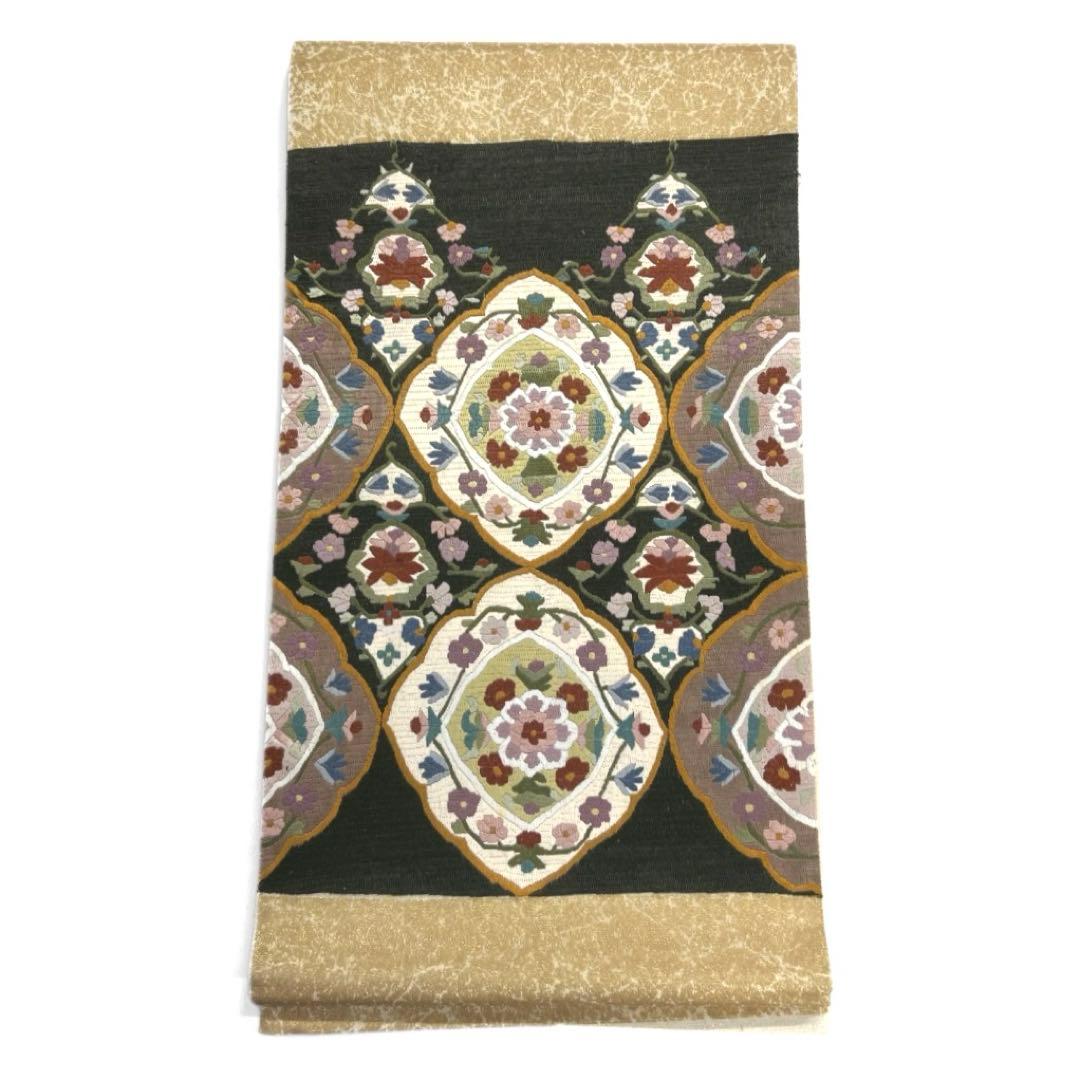 袋帯　華紋　絽刺し　唐花　唐草　氷割れ　金通し　着物　021a d