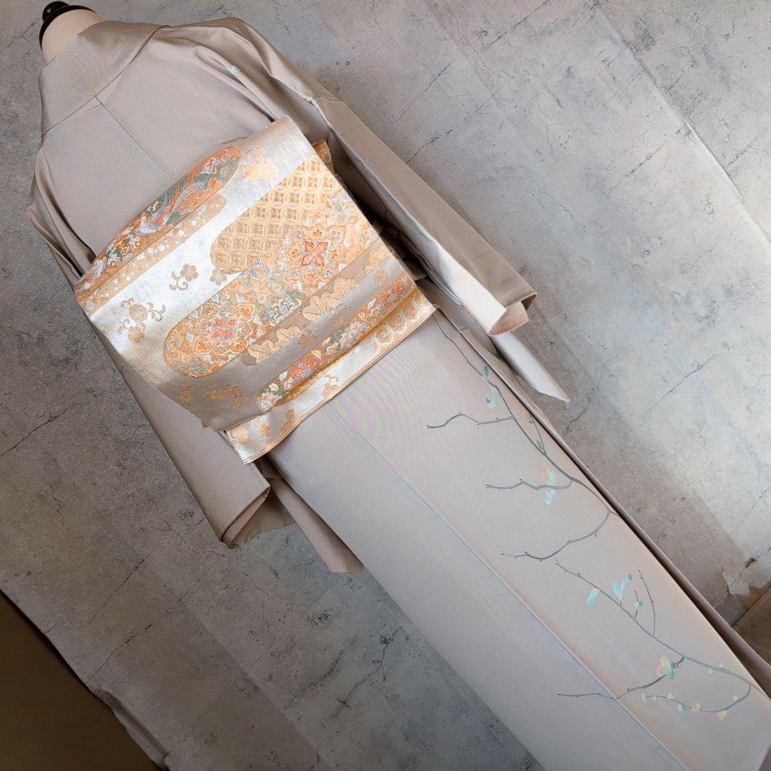 訪問着　フルセット　着物　正絹　加賀友禅　虫食い　淡いベージュ　枝葉　落款O2