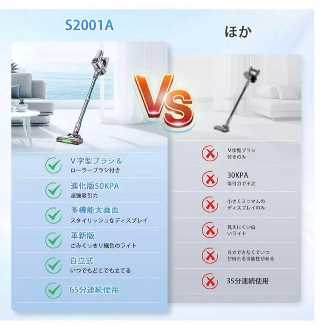 コードレス掃除機 50Kpa 強力吸引 グリーンLEDライト付き 65分連続稼働