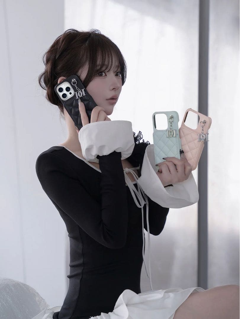 キルティングミラーDDチャームiPhoneケース iPhone15 15 黒