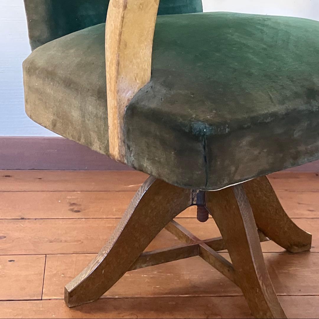 ドクターチェア 回転椅子 昭和レトロなグリーン 布地 スワベルアームチェア