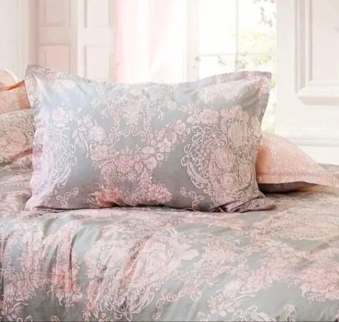 新品未使用★エレガントなグレー＆ピンクダマスクスローズ柄ダブル掛け布団と枕カバー