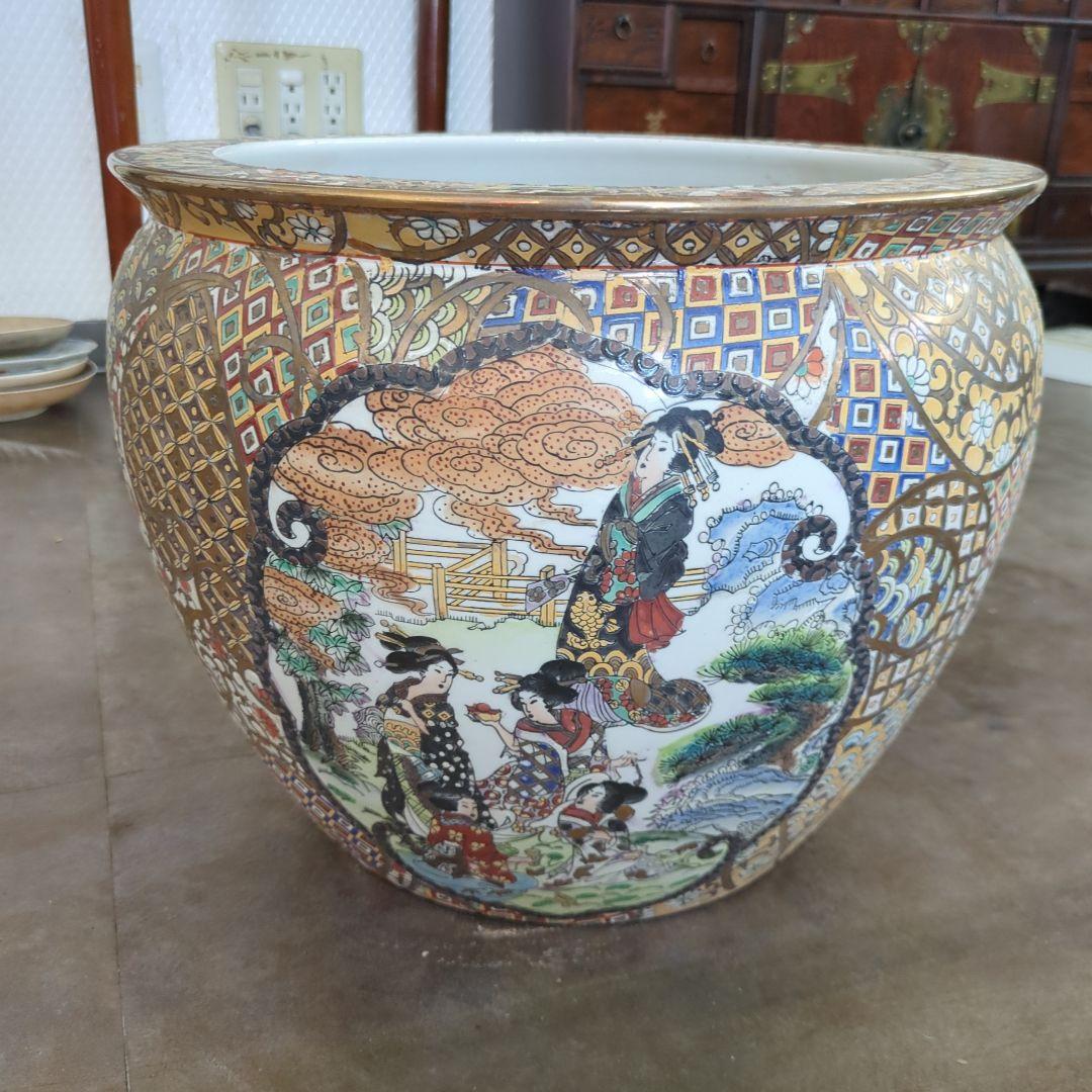 骨董 金魚 鉢 水鉢 めだか 睡蓮鉢 鉢カバー テーブル 金箔装飾 陶器鉢