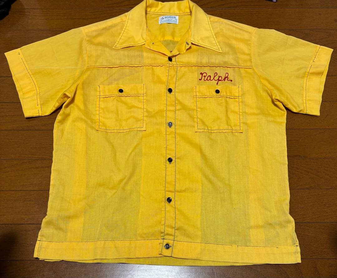 70's Hilton ボーリング シャツ イエロー　チェーンステッチ3段