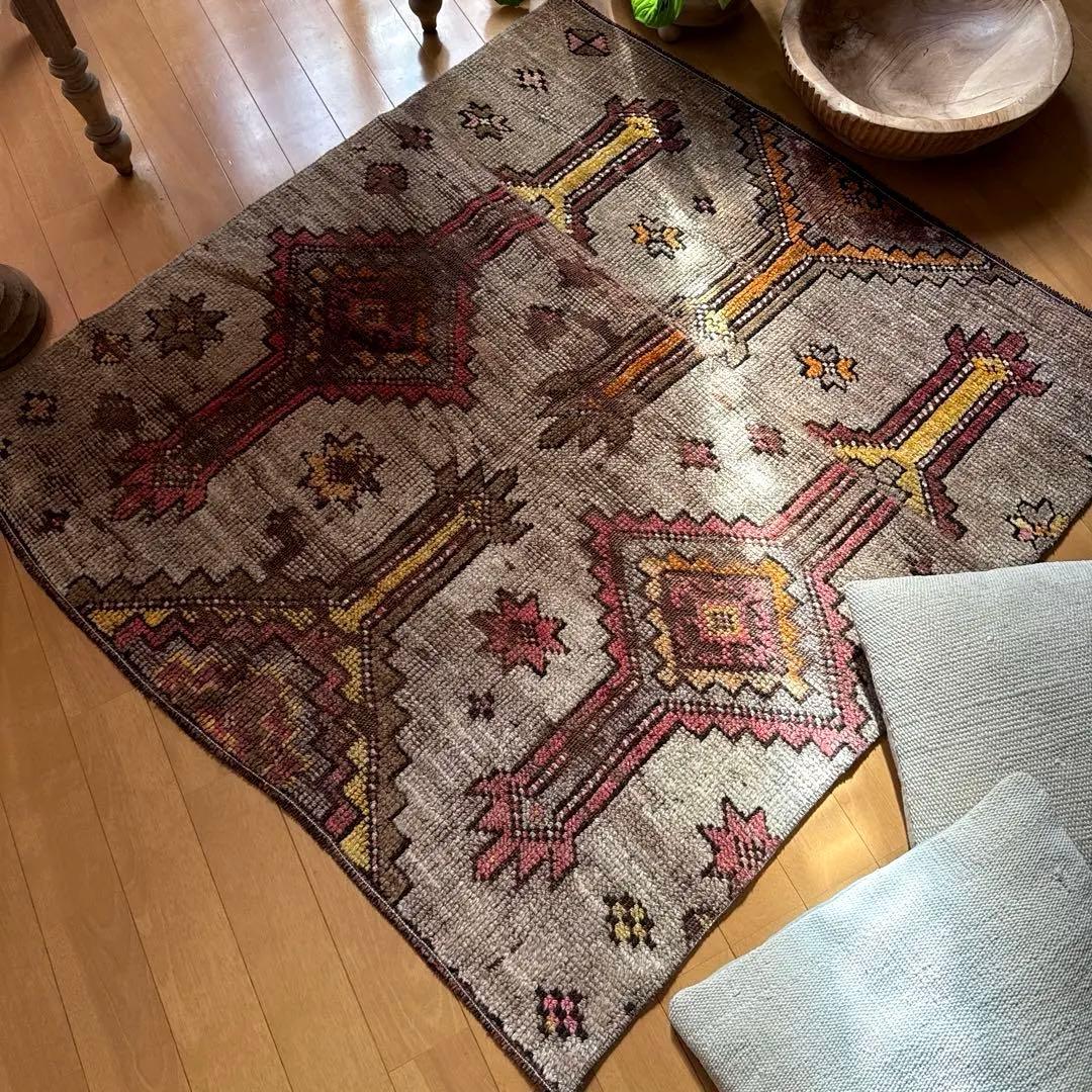 レア93×97 正方形サイズ　ウール　ブラウン　トルコヴィンテージラグ
