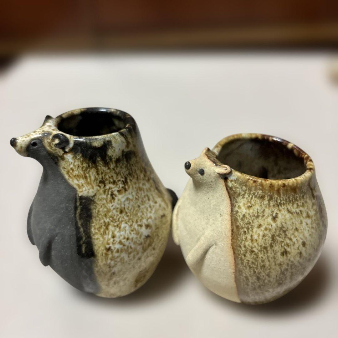 陶芸作家さん　ハリネズミお茶碗と一輪挿し、動物オブジェなど