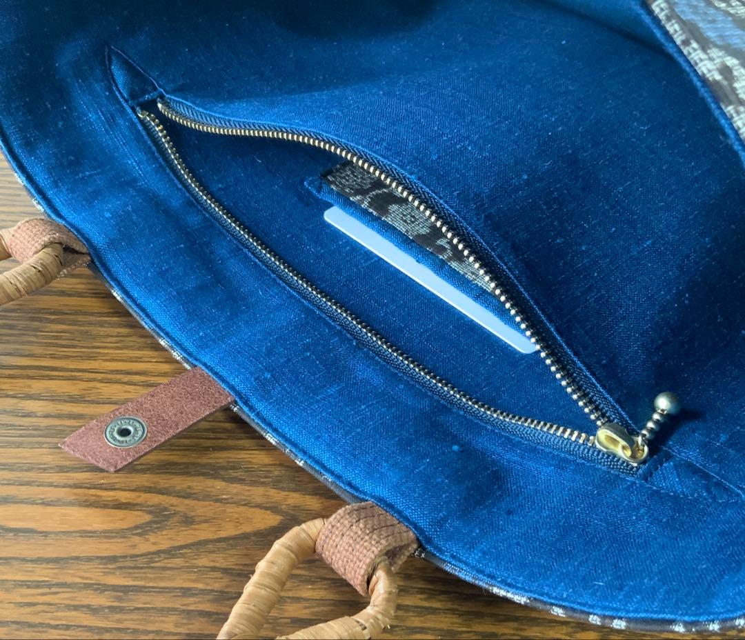 アンティーク大島紬×酒袋　小さな雪輪重ね　リメイク　山葡萄ハンドルバッグ