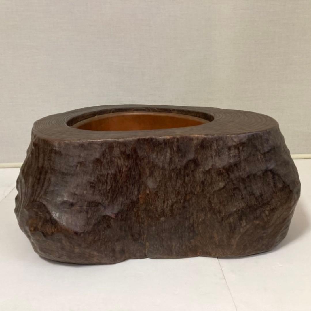 古い味のある火鉢 囲炉裏 座卓 木製 銅製 切り株 くり抜き 縁付 大型 レトロ