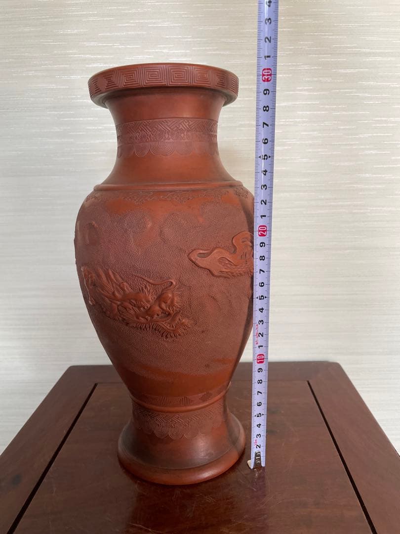 日本常滑 雲龍紋朱泥花瓶 名工細密 古道具時代物 美術品 古董品
