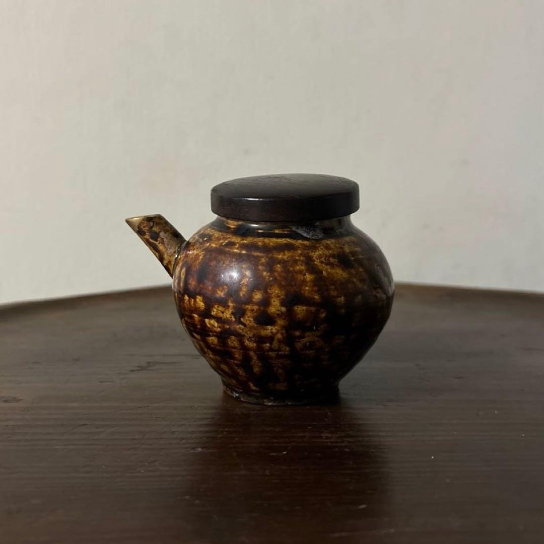 李朝飴釉薬蓋つき注ぎ口　酒器　煎茶　花入　アンティーク　古美術　骨董　　古美術