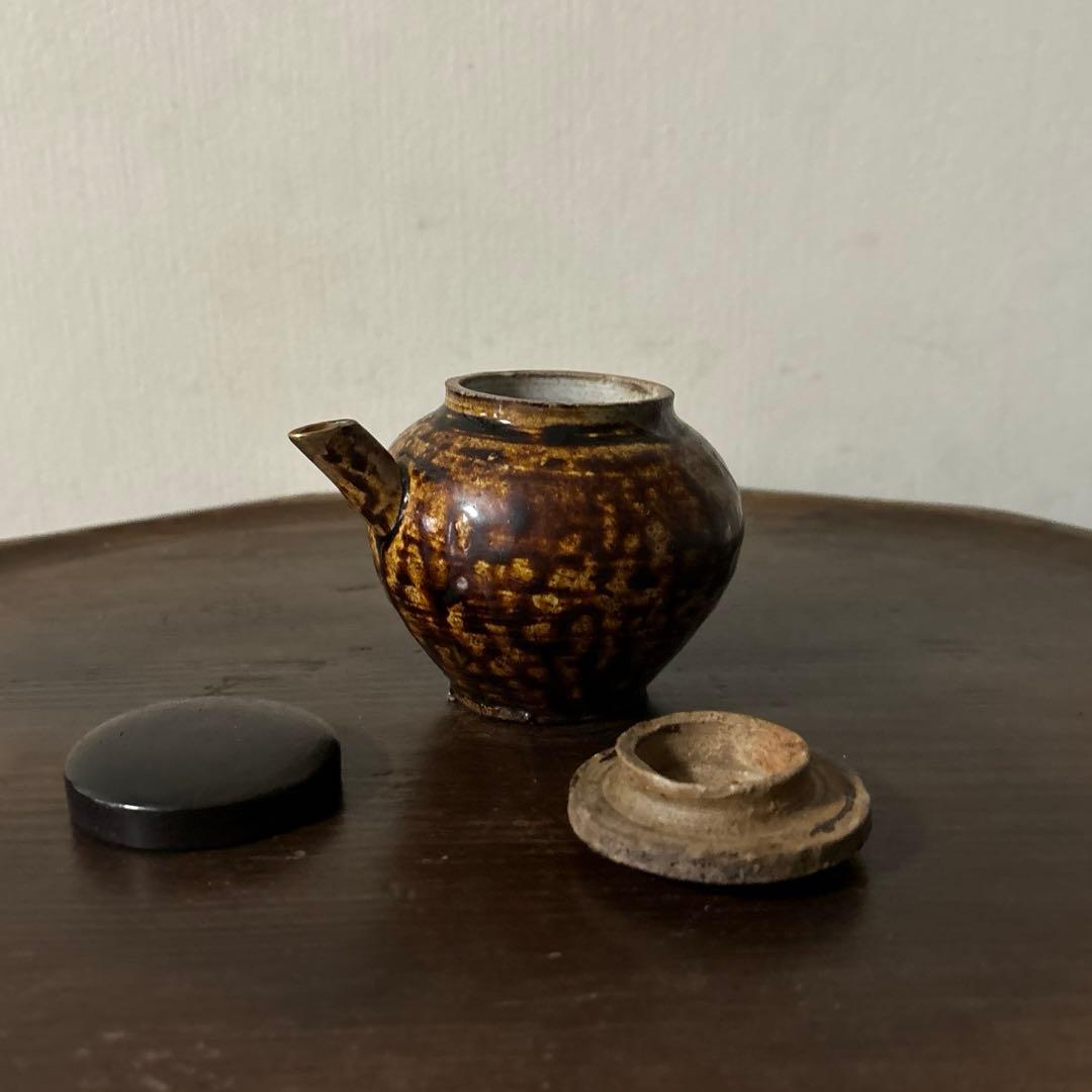 李朝飴釉薬蓋つき注ぎ口　酒器　煎茶　花入　アンティーク　古美術　骨董　　古美術