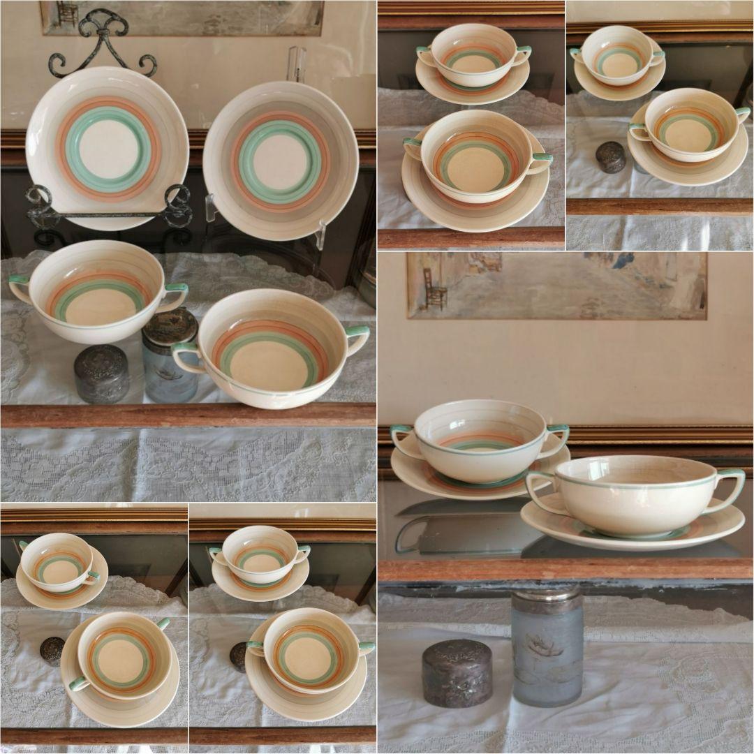 アンティーク スージークーパー スープカップ２客 ウェディングリング ピンク＆緑