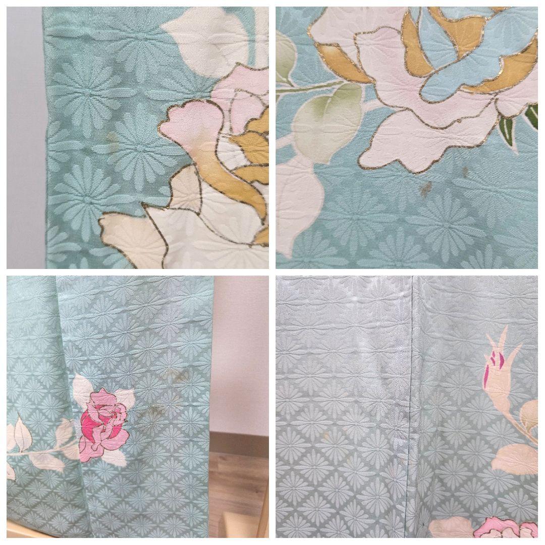 A◆着物くつろぎ セミアンティーク 薔薇 金彩 金駒刺繍 水色 袷 訪問着 着物
