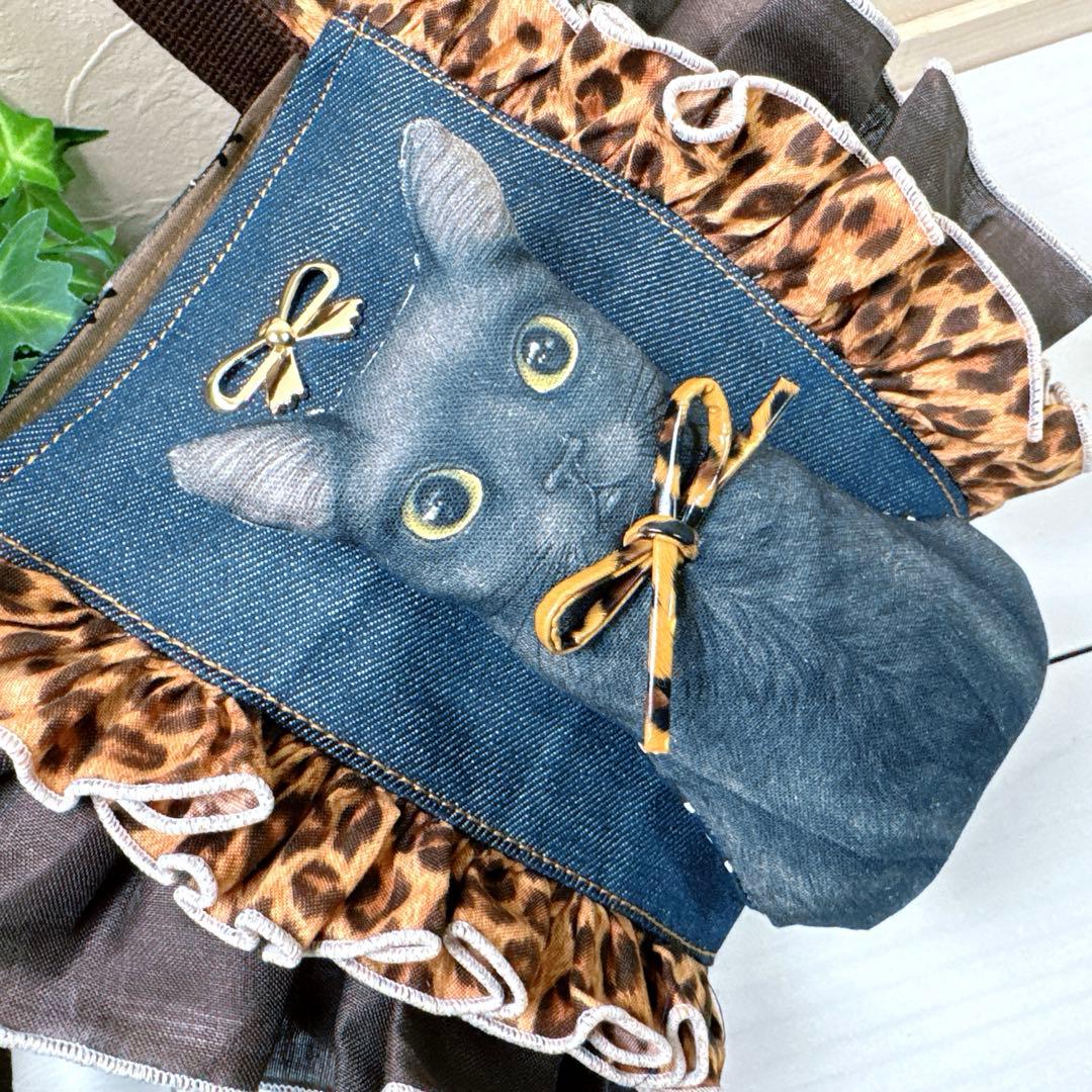 ゆ*ら様 コヤンイサムチョン♡ふっくら黒猫♡豹柄ダブルフリルのデニムトートバッグ