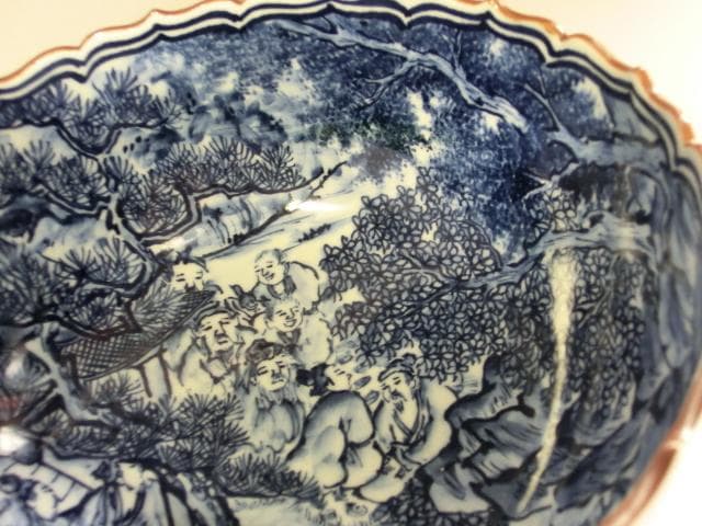 鉢■染付山水人物「平安京泉造」船山水 人物絵 大鉢 花弁型 桐共箱 骨董 極上■