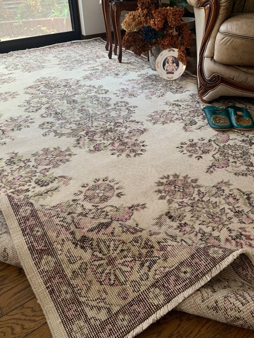 超大判　幅広　245×147トルコヴィンテージラグ　ペールピンク　雅紀さん