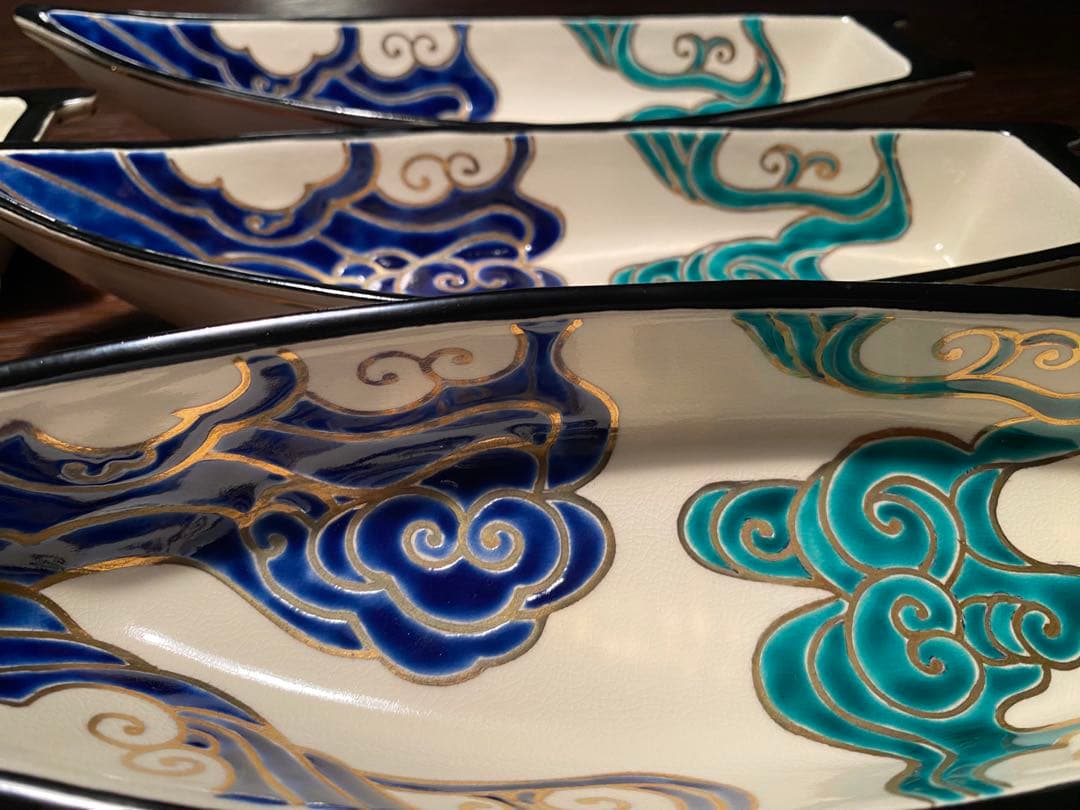 清水焼向付　仁清流水舟形向付5客　新品未使用　京焼