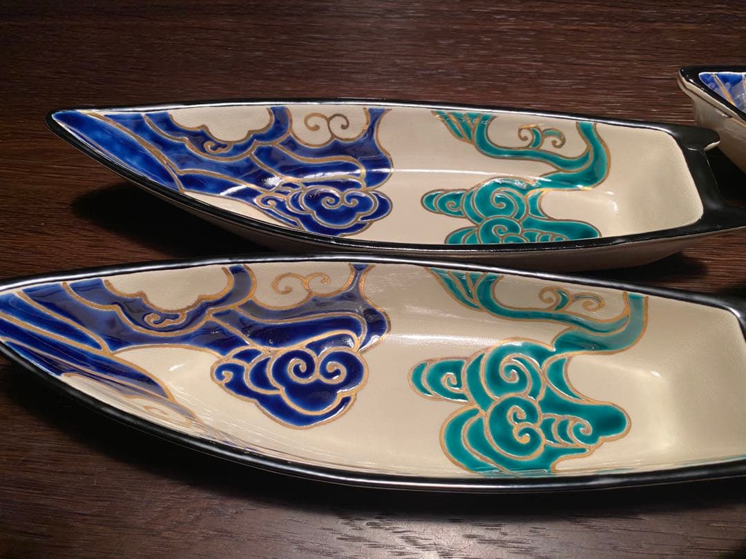 清水焼向付　仁清流水舟形向付5客　新品未使用　京焼