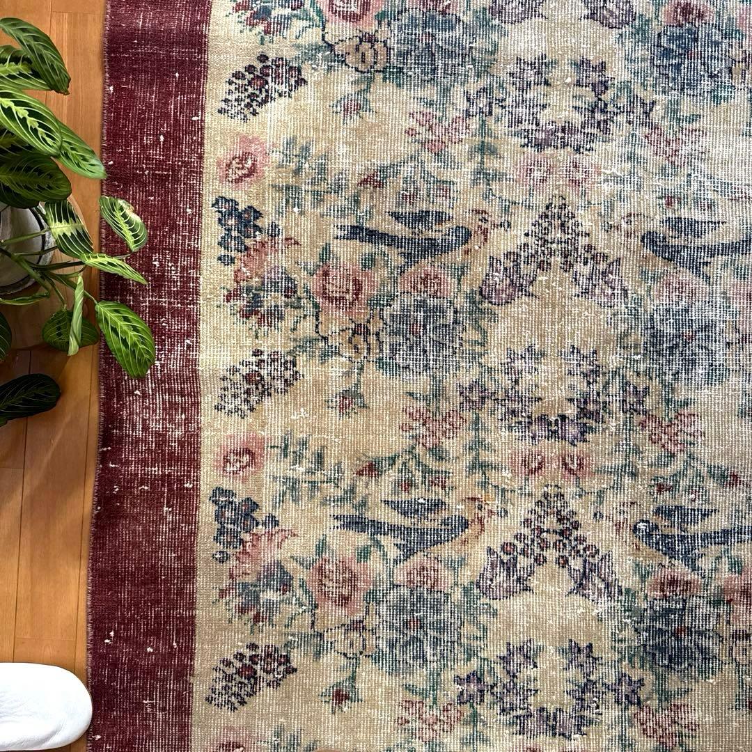 貴重116×190幸せの青い鳥　birdラグボタニカル　トルコヴィンテージラグ