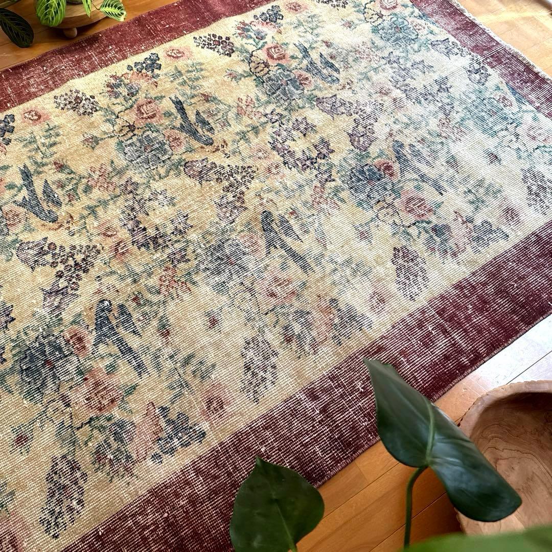 貴重116×190幸せの青い鳥　birdラグボタニカル　トルコヴィンテージラグ