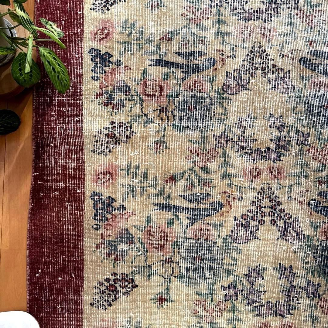 貴重116×190幸せの青い鳥　birdラグボタニカル　トルコヴィンテージラグ