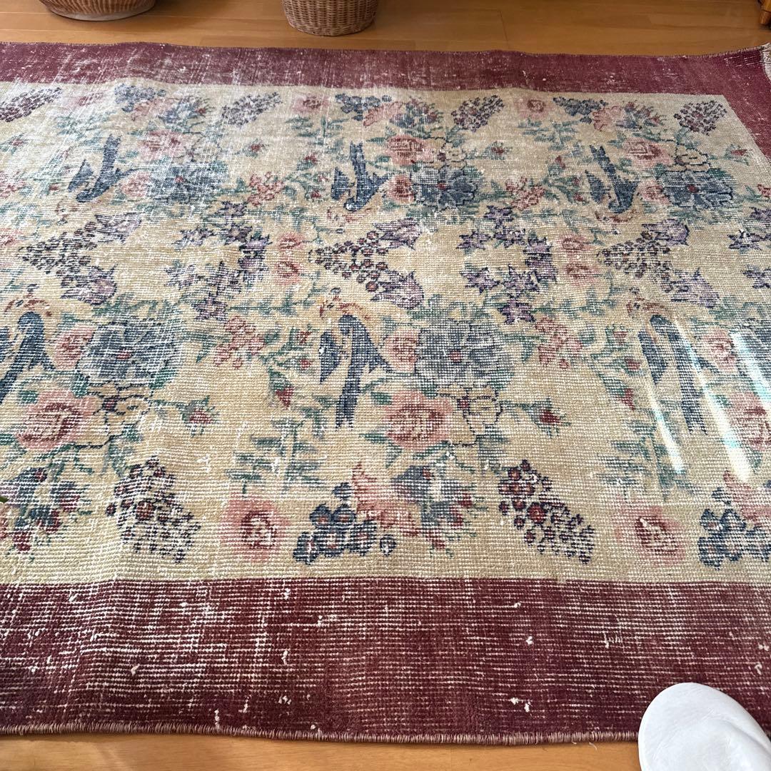 貴重116×190幸せの青い鳥　birdラグボタニカル　トルコヴィンテージラグ