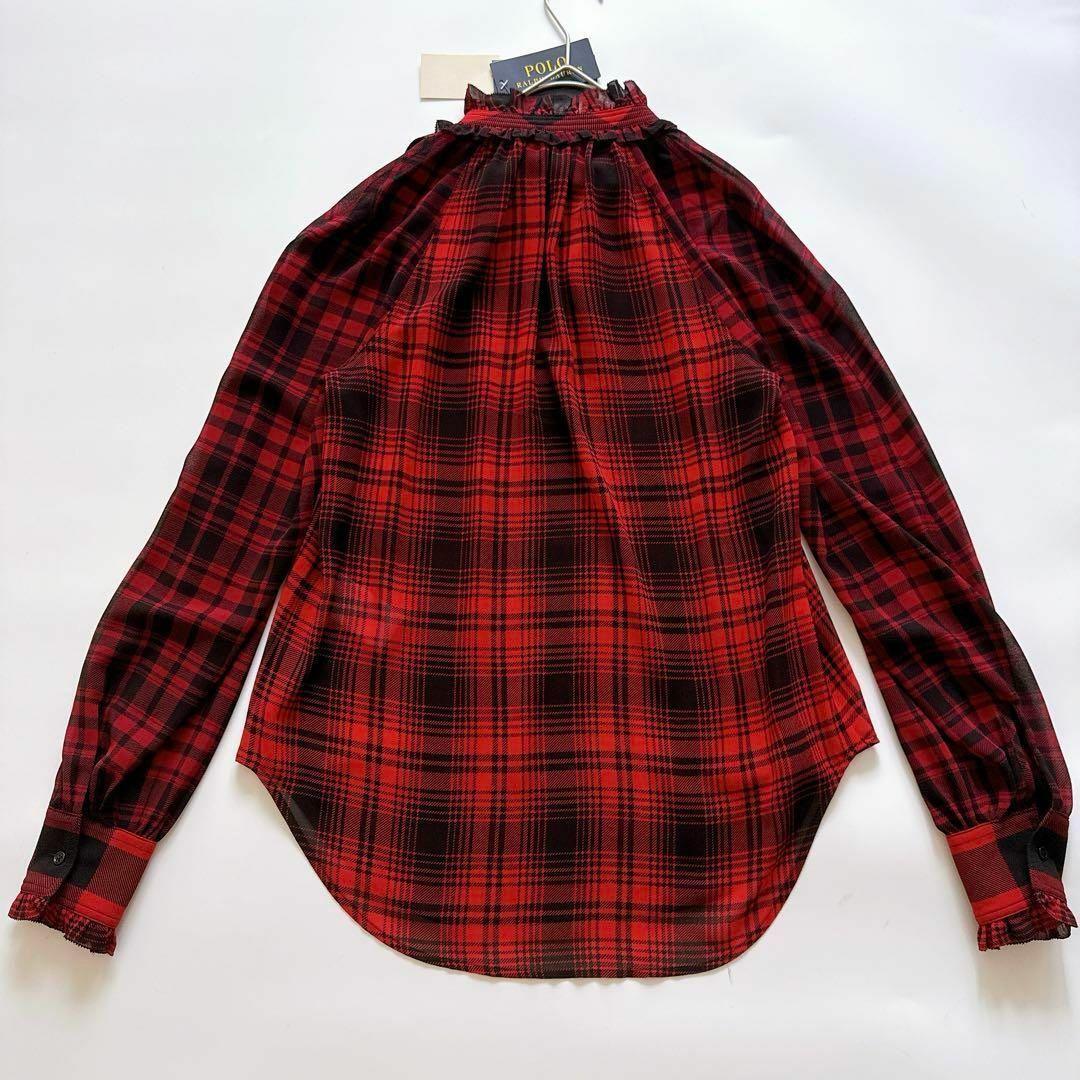 新品✨ポロラルフローレン チェックシアー タイネックブラウス XS レッド