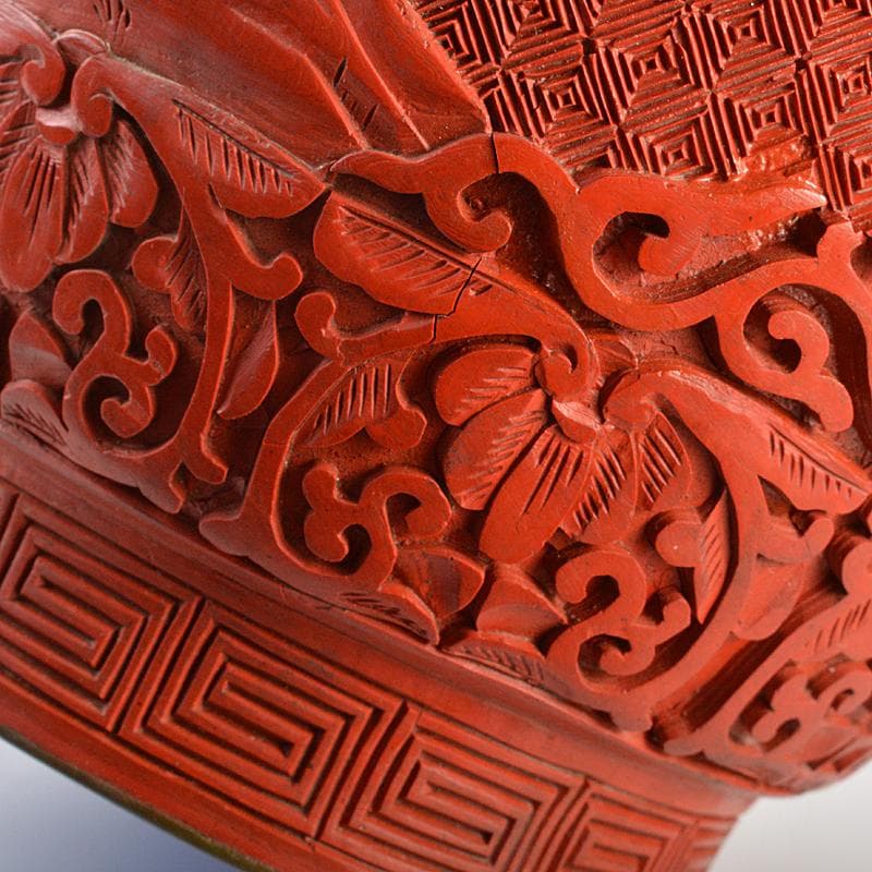 中国　剔紅　堆朱　内七宝　花文瓶　高さ約39㎝　唐木台付　Y　R7494B