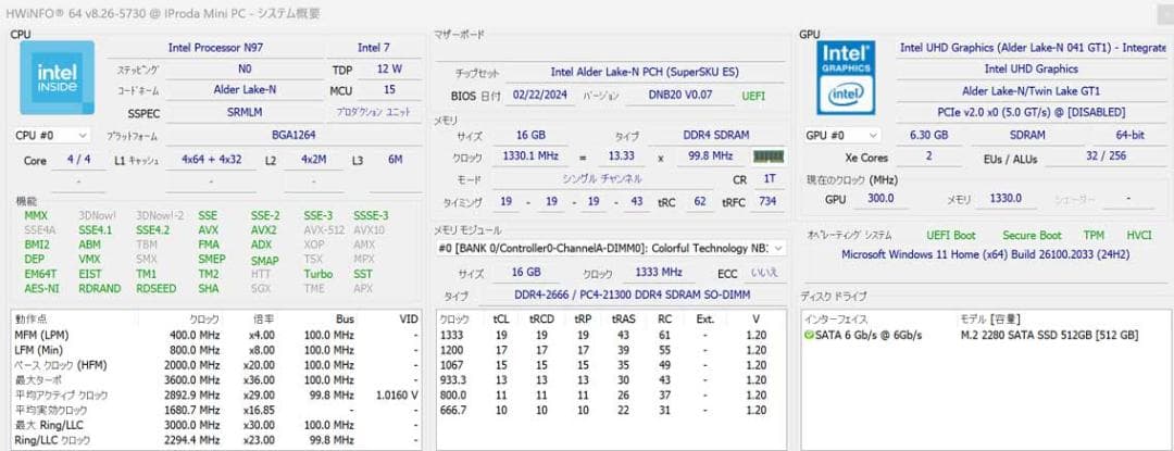 ミニPC IPRODA N97 16GB / 512GB