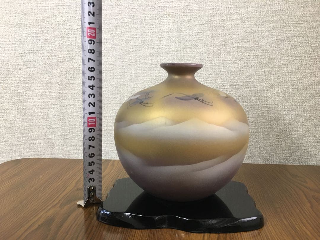 九谷焼 九谷奉峰 花瓶 鶴 台座付き