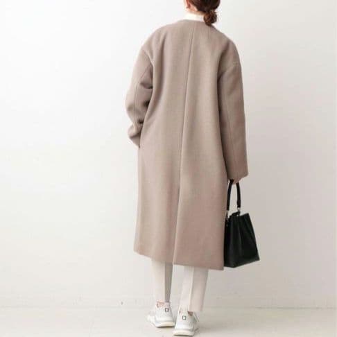 イエナ×高級マンテコ ノーカラーオーバーコート ロング グレージュ 38