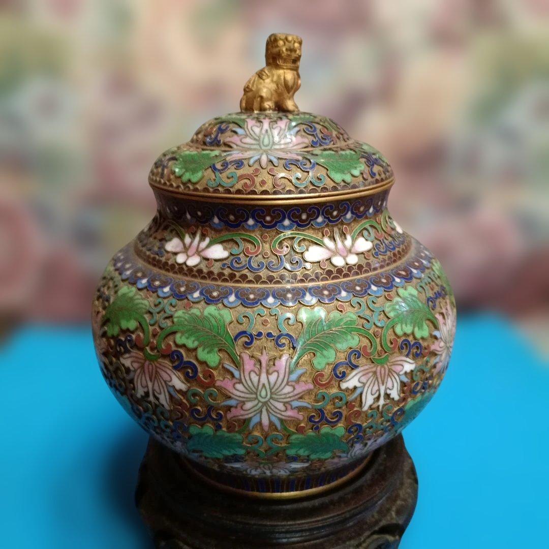 中国美術　七宝焼（景泰藍）金獅子香炉.沈香壺 昭和レトロアンティーク