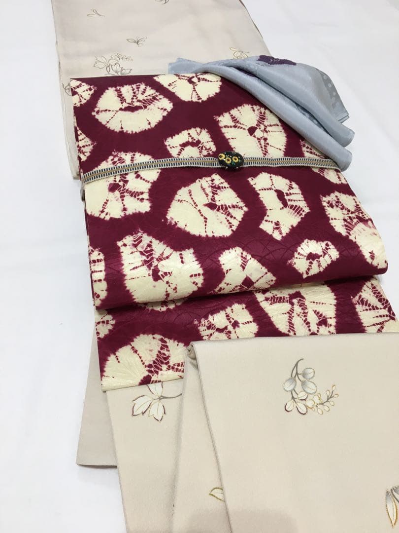 手蜘蛛絞り【名古屋帯】正絹　赤紫色　訳あり商品