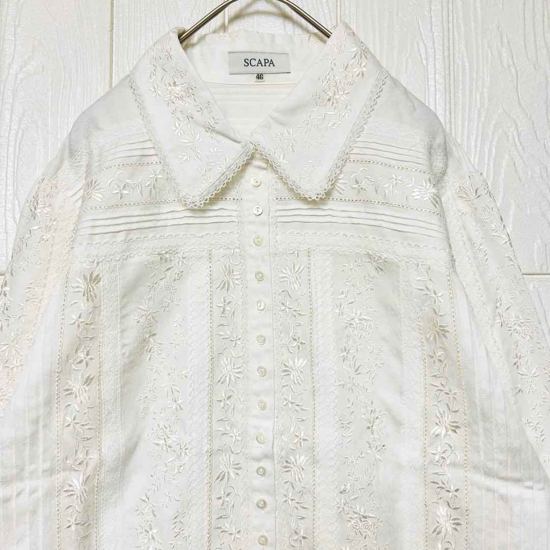 新品タグ付き サイズ44 SCAPA 総刺繍 ピンタック レースブラウス