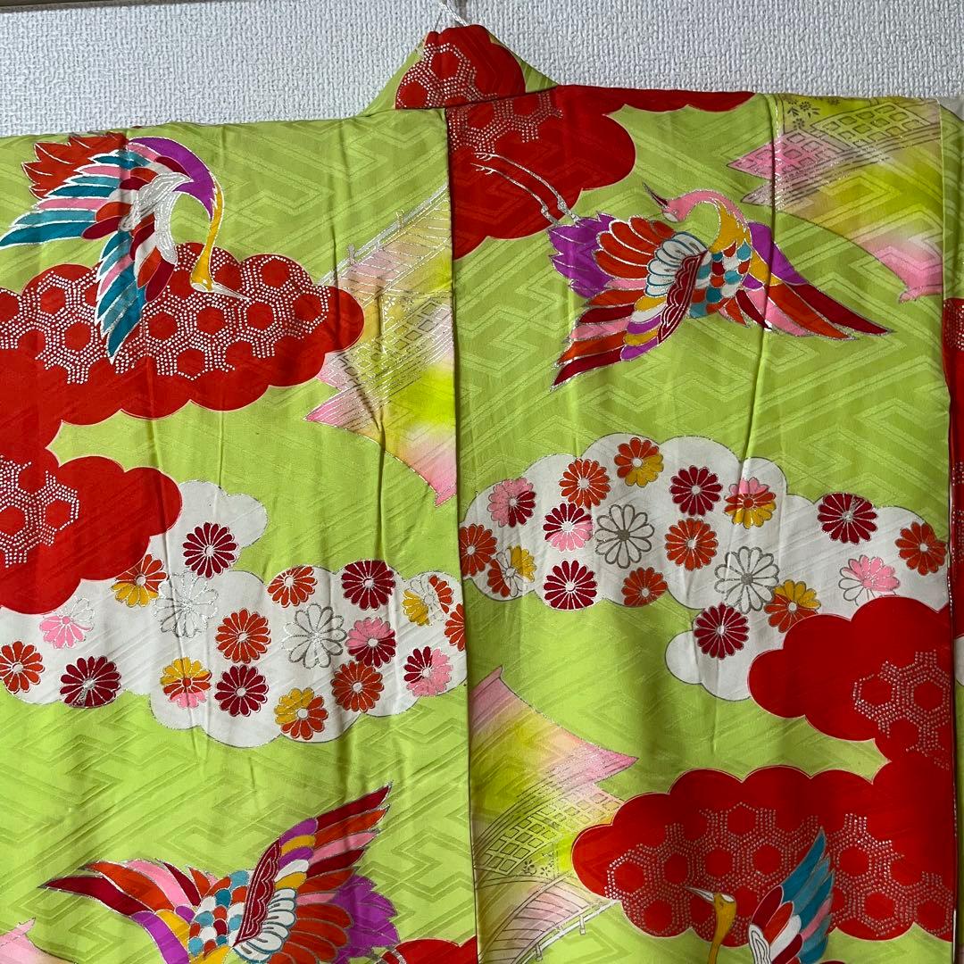 七五三　7歳　黄緑　アンティーク　着物セット