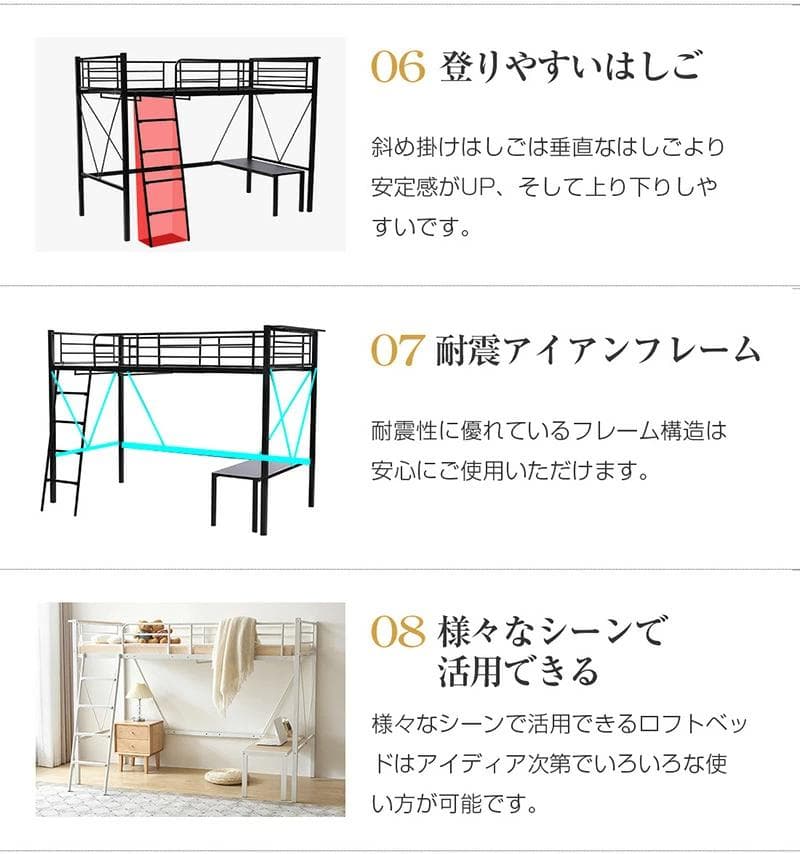 再入荷！ロフトベッド　シングルサイズ　コンセント・ローテーブル付き　WHITE