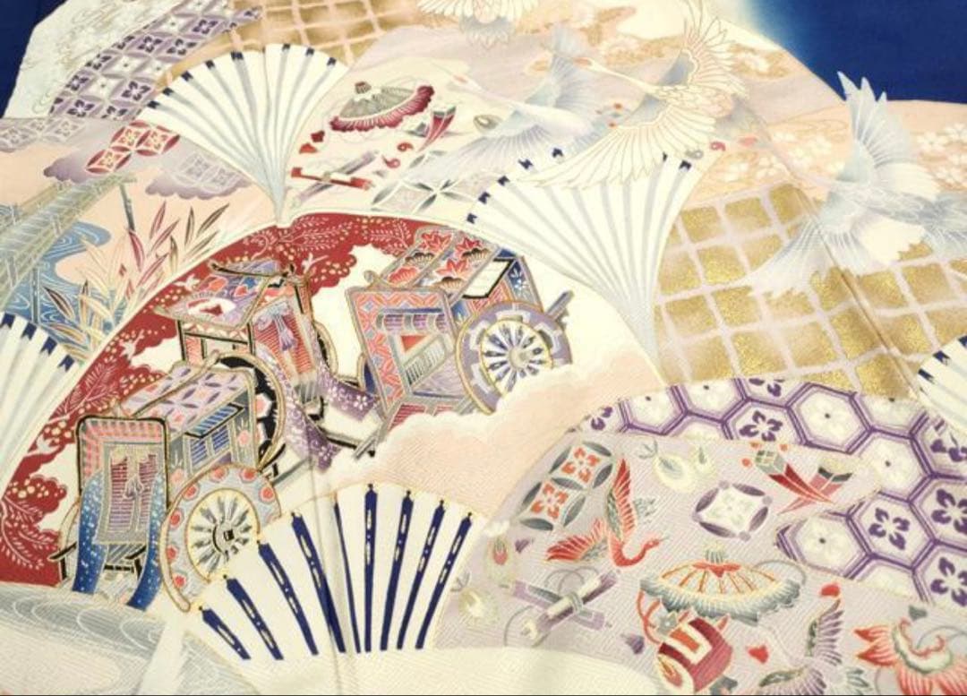 振袖フルセット6点サイズS〜M 駒刺繍　御所車飛鶴花文　暈し染め　金彩　正絹