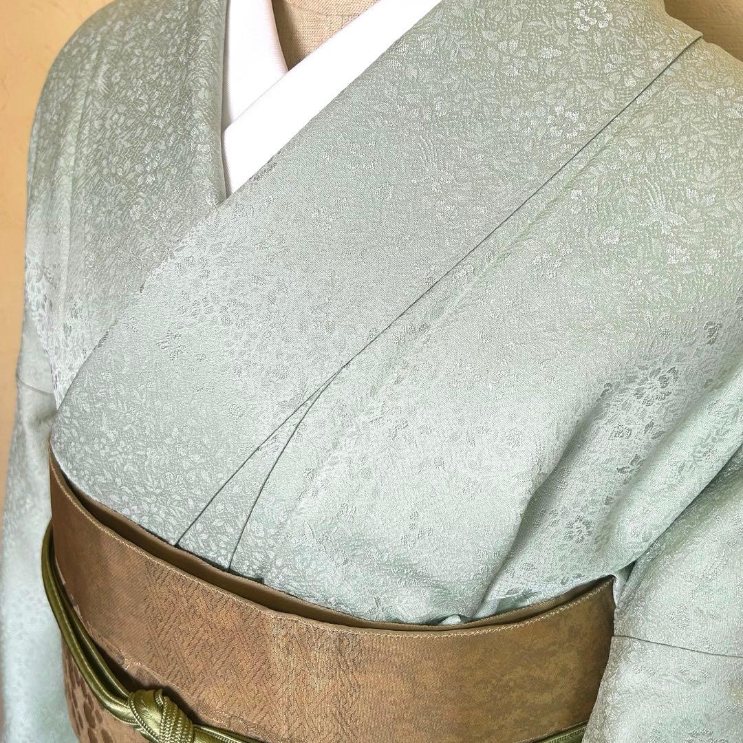 【トールサイズ】正絹 色無地 裏葉柳色 草花地紋 紋無し 袷着物 ③