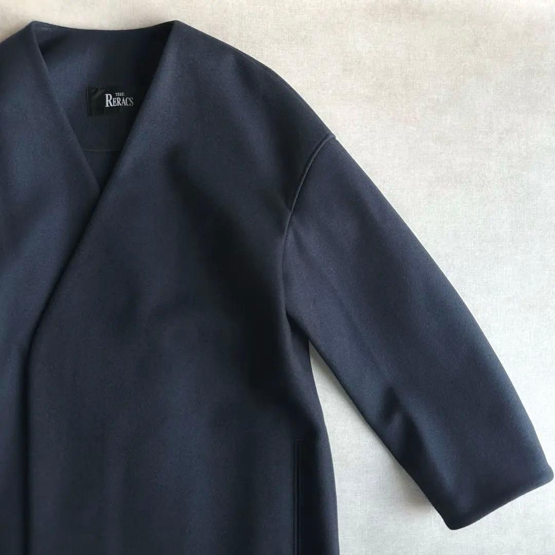 美品▲THE RERACS リラクス//ウールノーカラーコート▲ネイビー 紺色