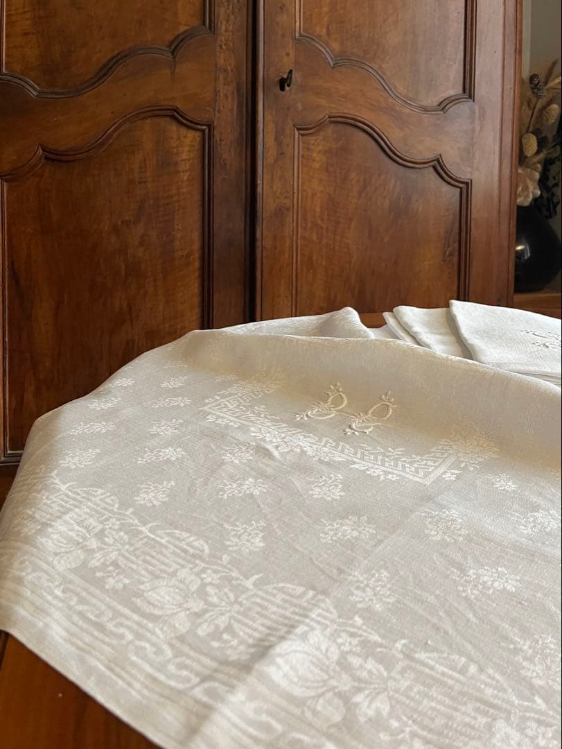 ◆フランスアンティーク｜イニシャル刺繍トーションセット、ダマスク織り白ナプキン