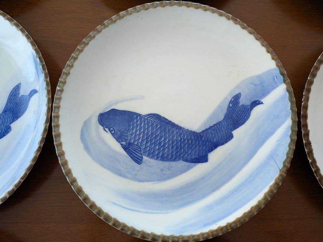m*0様 青い鯉の絵柄の皿 イゲ皿 直径約24cm 10枚セット アンティーク