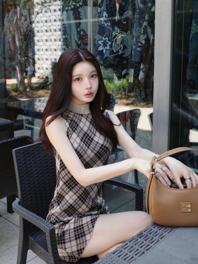 Darichダーリッチ チェックジャガードノースリニットミニワンピース BEG