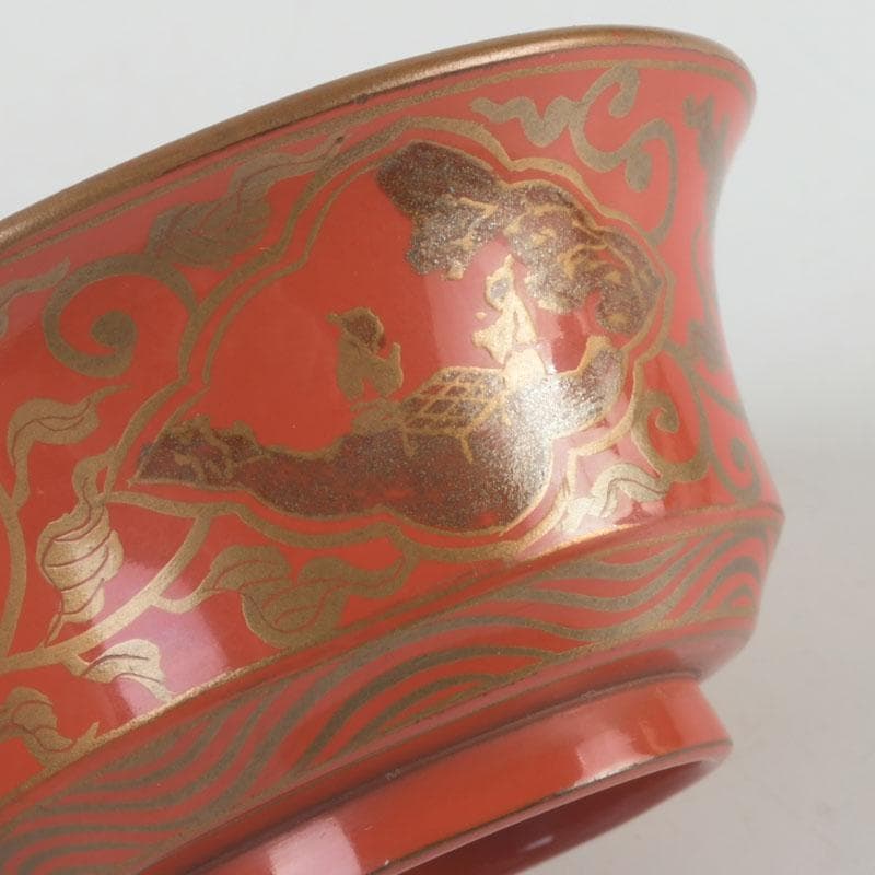 時代根来　朱塗　山水人物蒔絵　杯　盃　在銘　共箱　C　9394