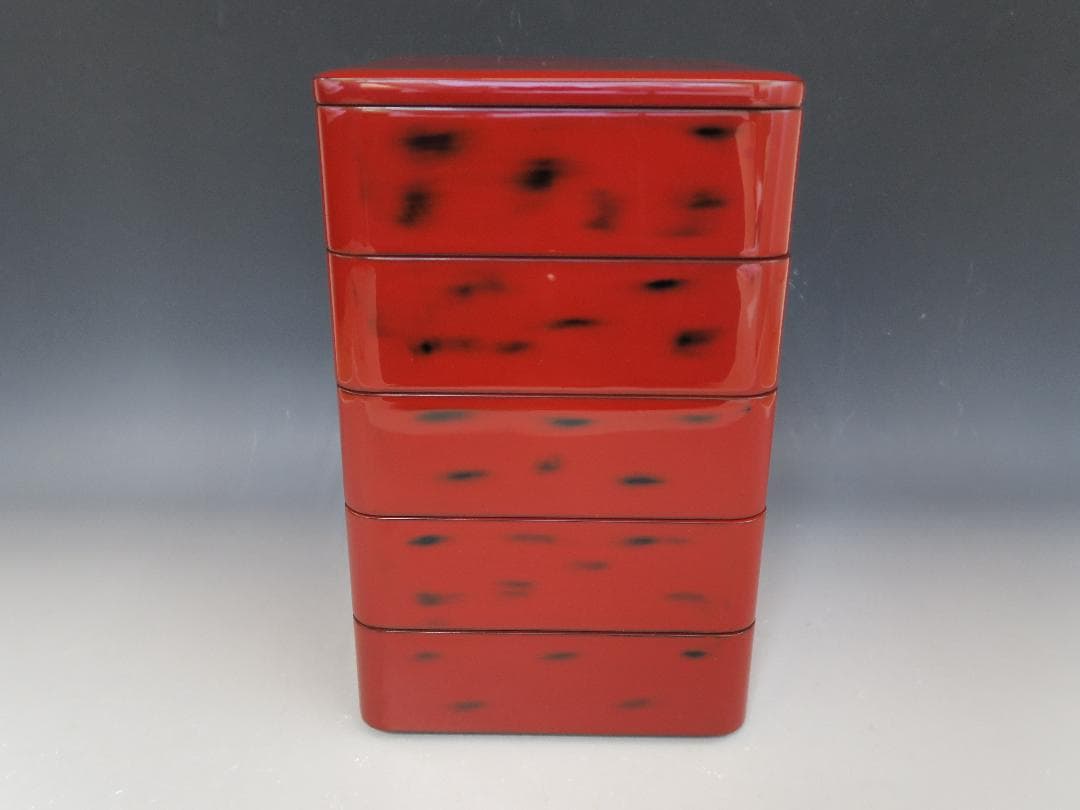 【輪島塗】根来研出 五段重 堅牢優美 徳野漆器店 朱塗 蓋二枚付 天然木 共箱