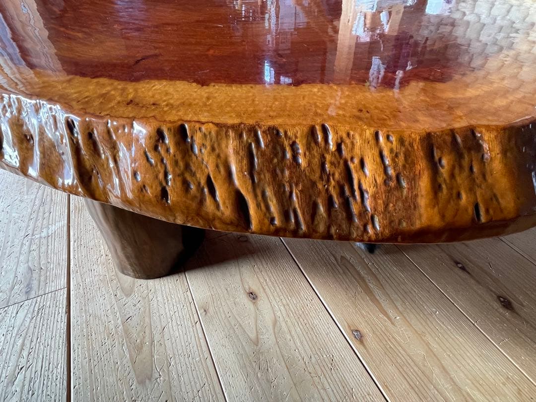 一枚板座卓 ブビンガ　テーブル　輪切り　円形木製座卓 光沢仕上げ