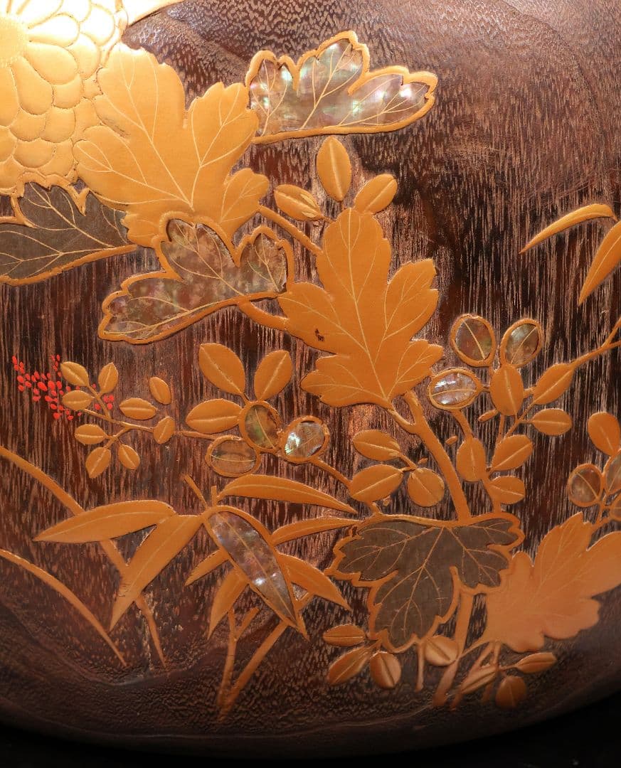 花鳥蒔絵 螺鈿細工 桐火鉢 幅31cm 高20cm 金蒔絵 漆芸 草花【MB68