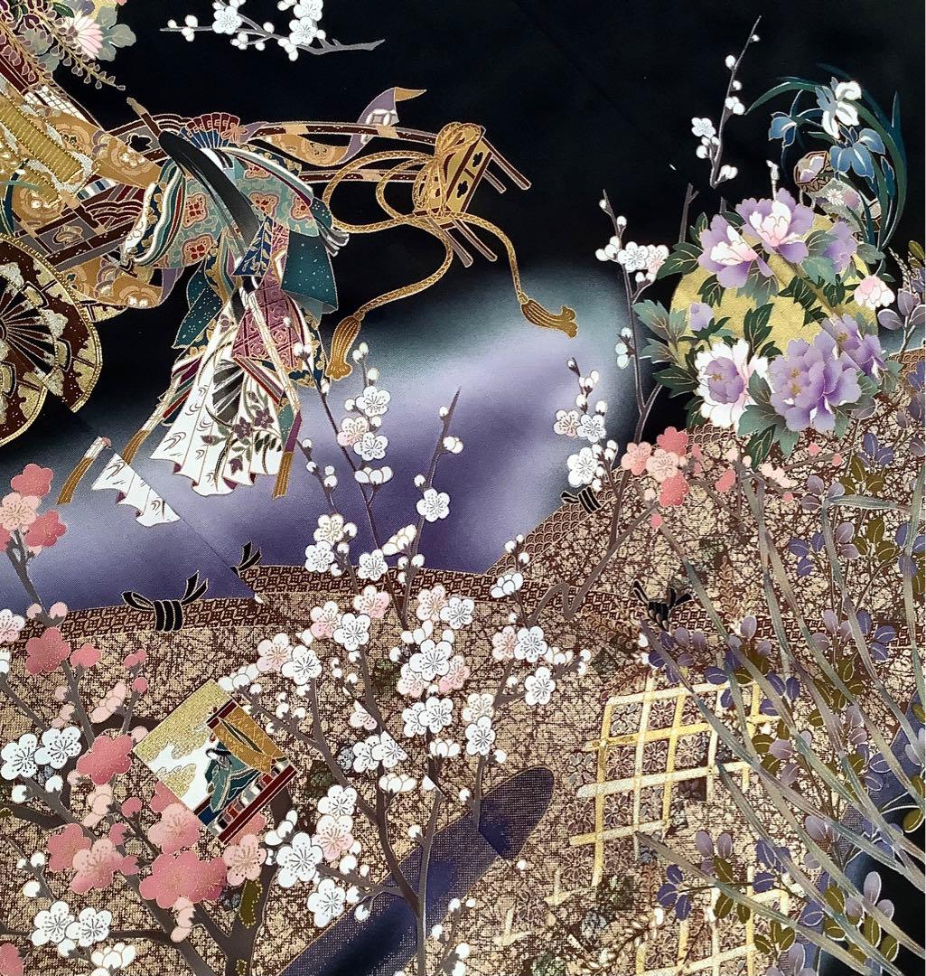 正絹黒留袖　駒刺繍　金彩　平安風景文　⑧( 訪問着、紬、袋帯なども出品)