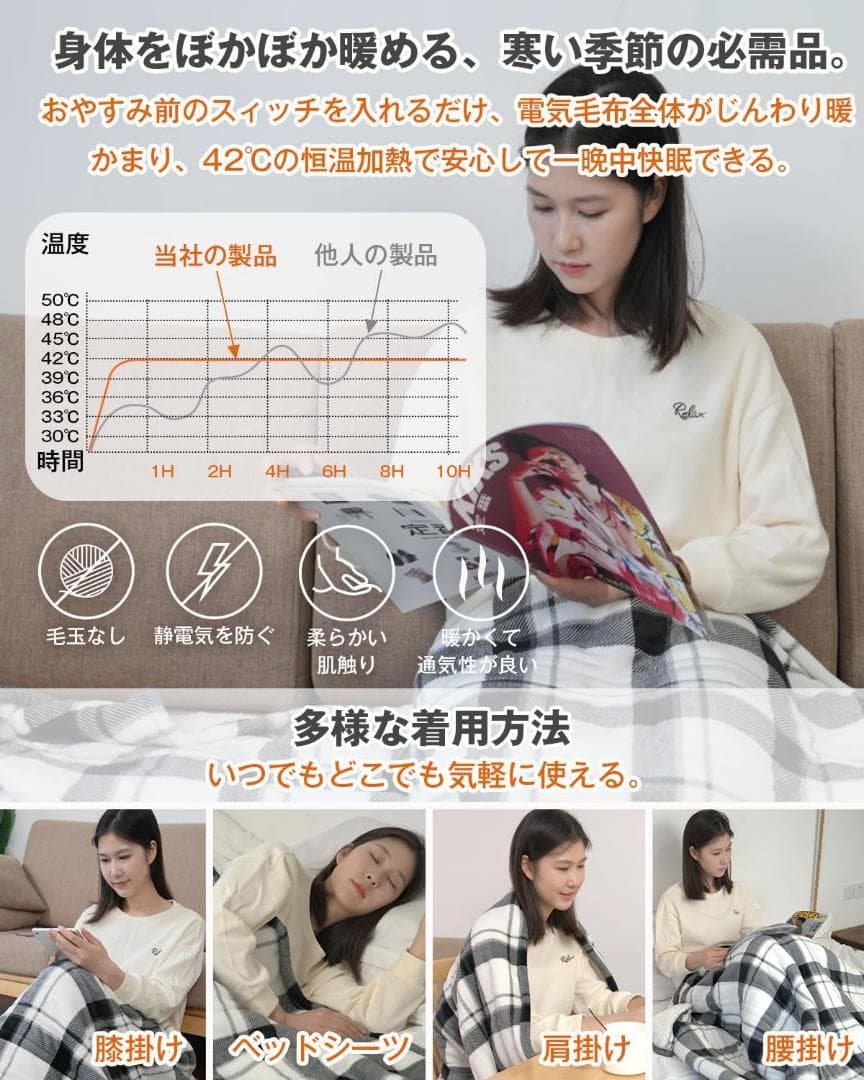 【新品】電気毛布 掛け敷き兼用　防虫設計・180x133cm